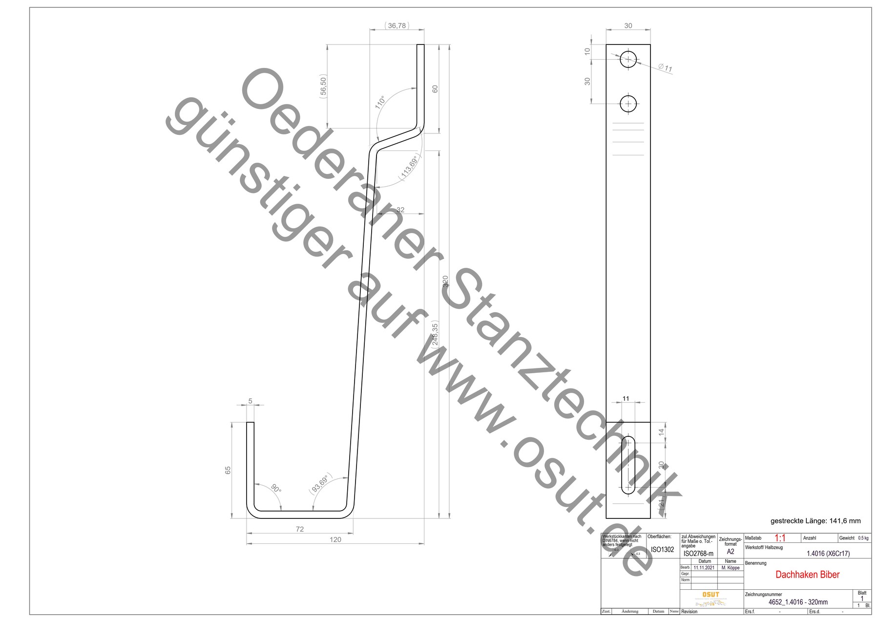 Dachhaken Biberschwanz 320 mm | 5x30 | Material 1.4016 | 4652_1.4016_320