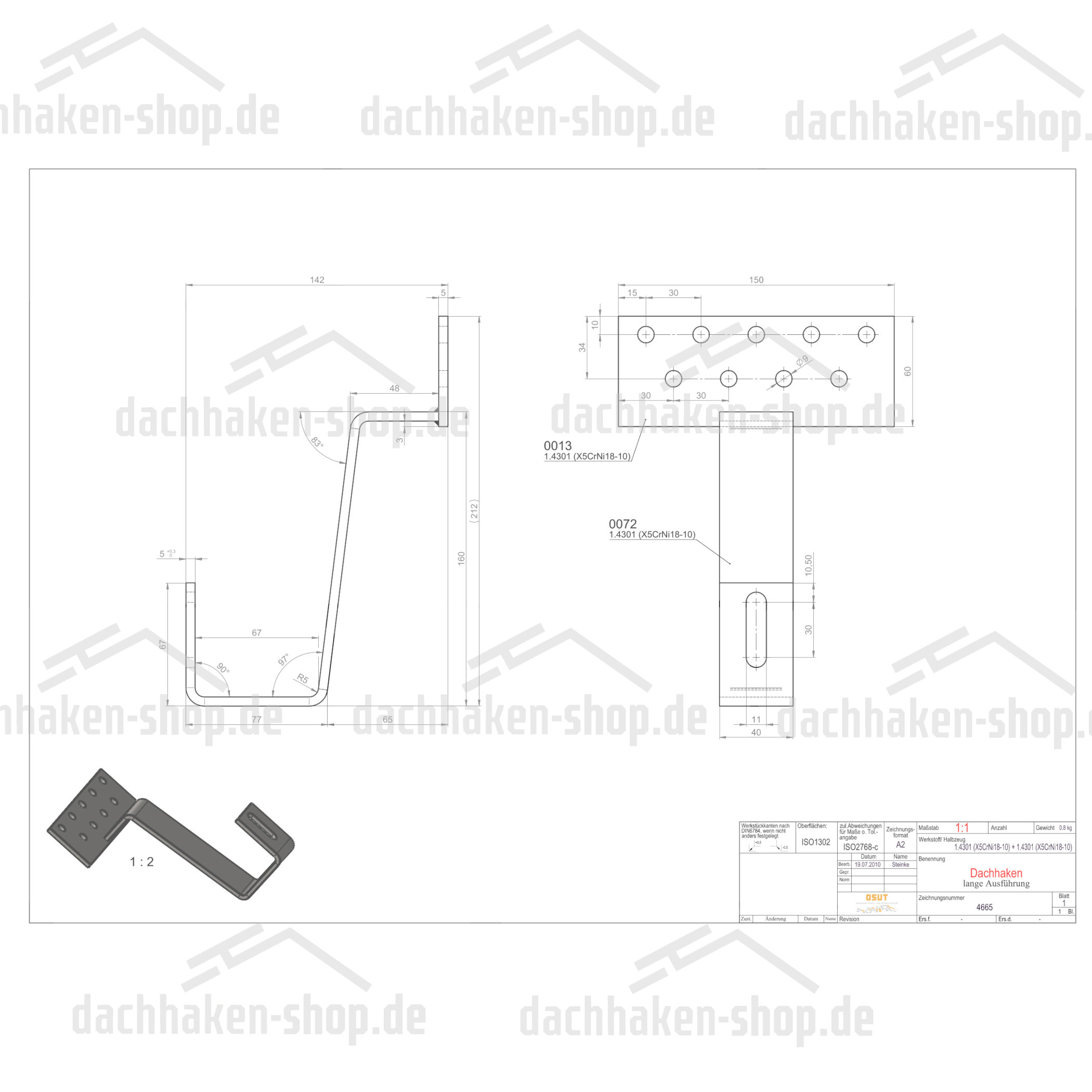 Dachhaken Standard | lange Ausführung Platte 5x60x150 | Haken: 5x40 | Material: 1.4301 | 4665