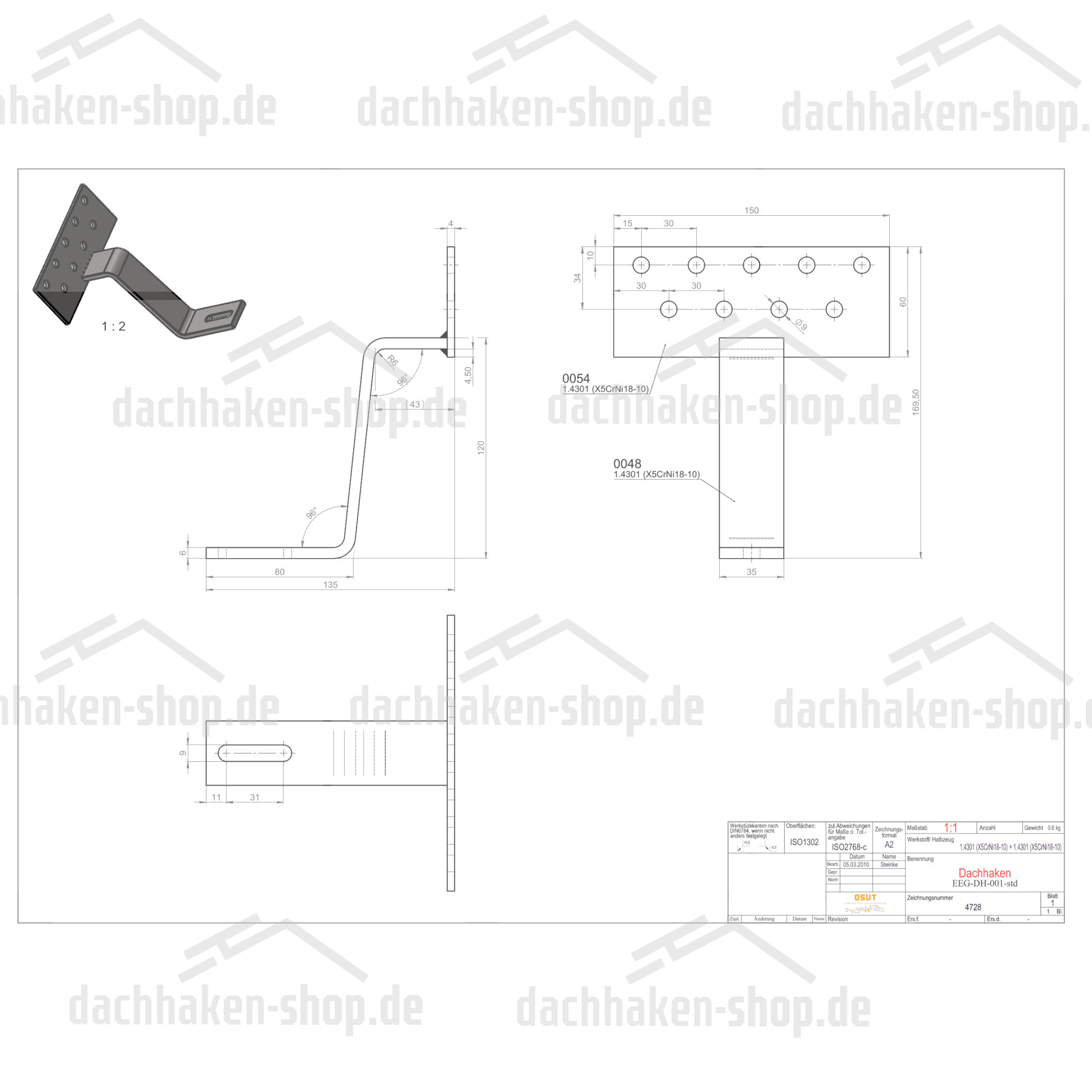 Dachhaken | Platte 4,0 x 60,0 | Haken: 6,0 x 35,0 | Material 1.4301 | 4728