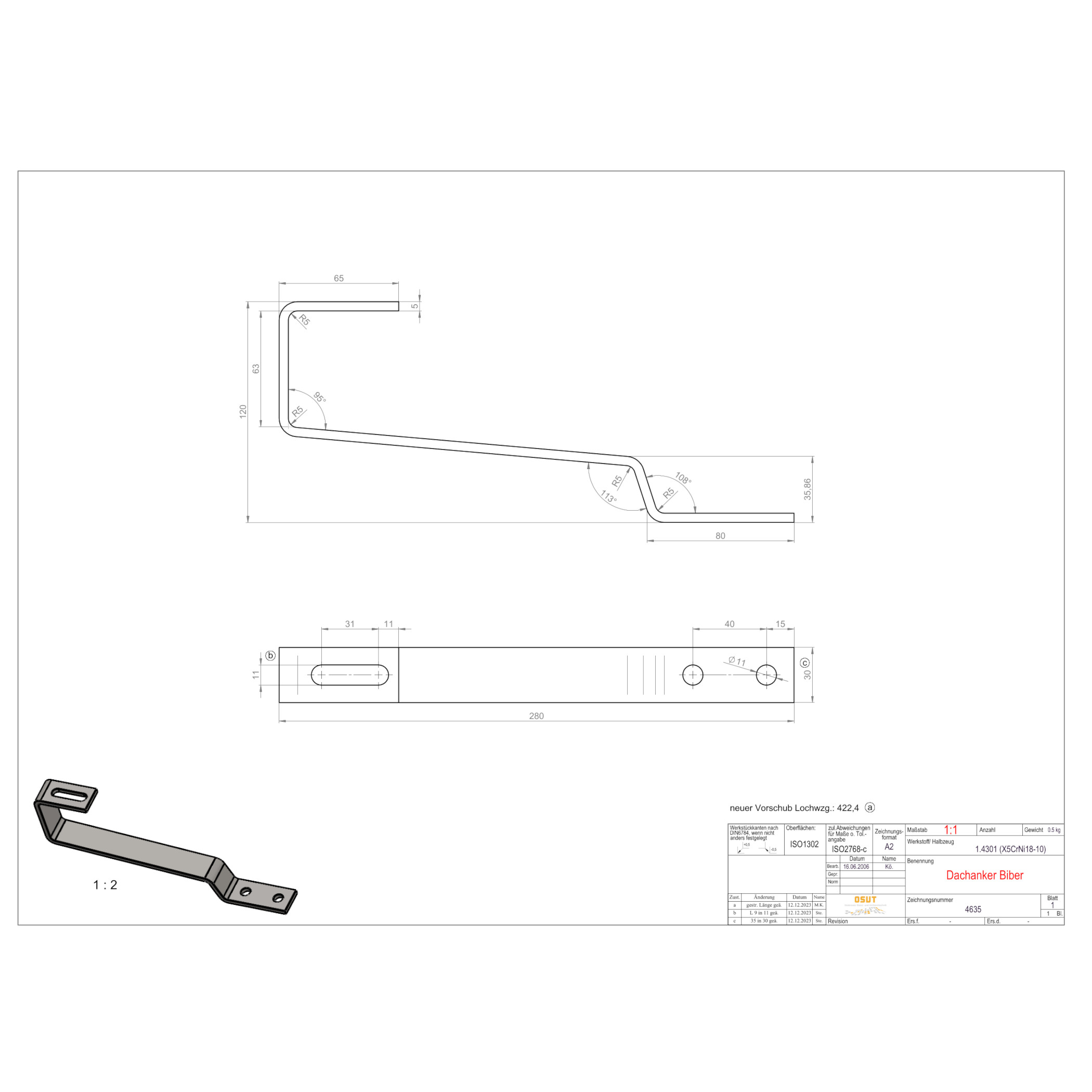 Dachhaken Biber | Abmessung: 5,0 x 35,0 x 280,0 | Material 1.4301 | 4635